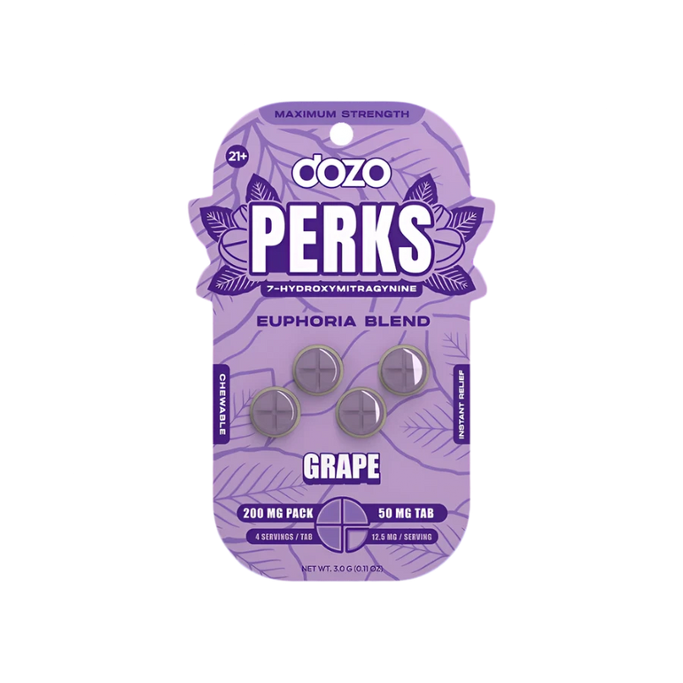 Dozo Perks Grape 4PK 50mg Kratom chewable tablets packaging with grape flavor