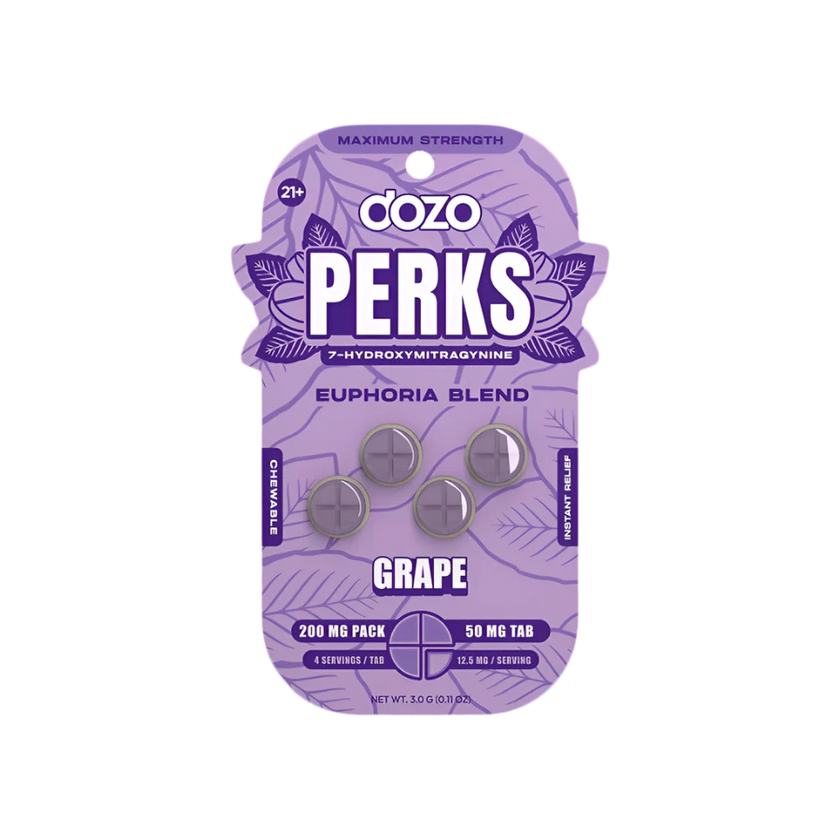 Dozo Perks Grape 4PK 50mg Kratom chewable tablets packaging with grape flavor