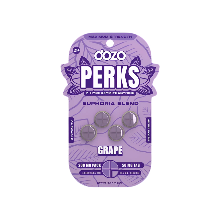 Dozo Perks Grape 4PK 50mg Kratom chewable tablets packaging with grape flavor