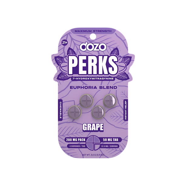 Dozo Perks Grape 4PK 50mg Kratom chewable tablets packaging with grape flavor
