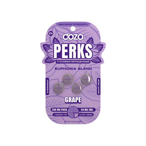 Dozo Perks Grape 4PK 50mg Kratom chewable tablets packaging with grape flavor