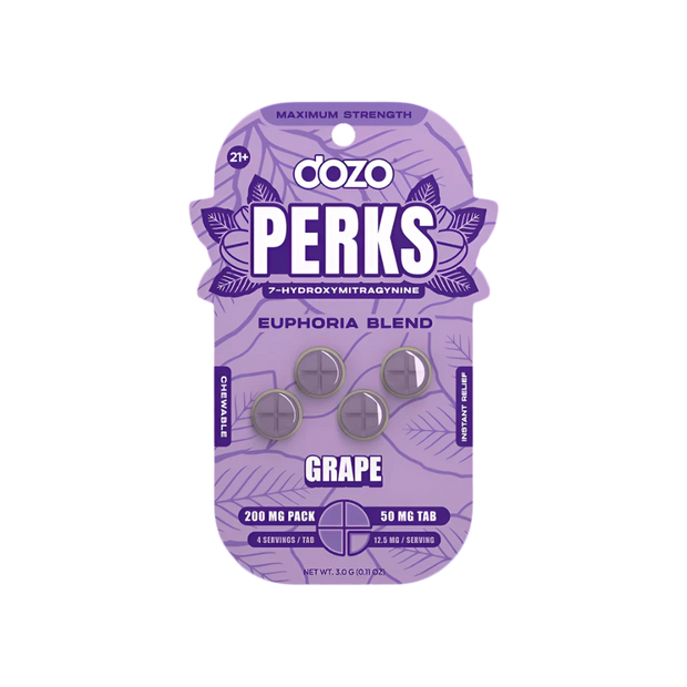 Dozo Perks Grape 4PK 50mg Kratom chewable tablets packaging with grape flavor