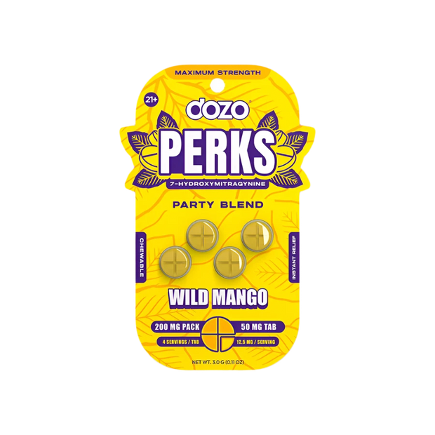 DOZO PERKS Wild Mango 4PK 50MG Maximum Strength 7-Hydroxy Kratom Chewable Tablets