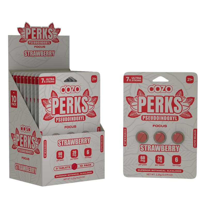 Packaging display of Dozo Perks Strawberry Chewable Focus Tablets with 6 servings