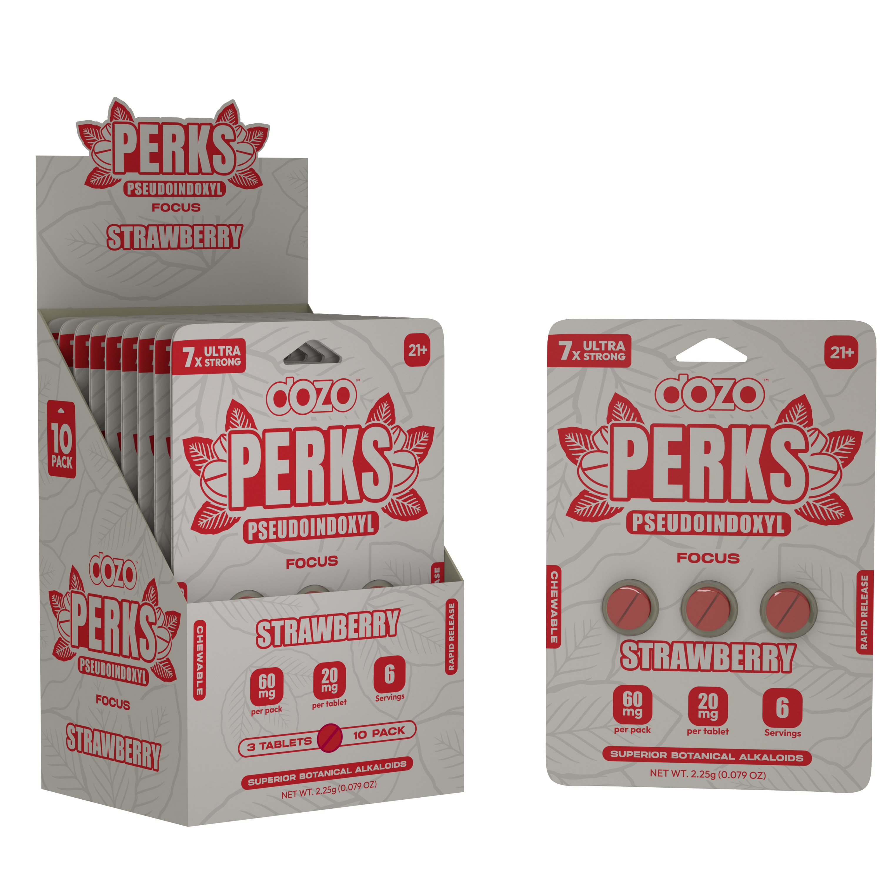 Packaging display of Dozo Perks Strawberry Chewable Focus Tablets with 6 servings