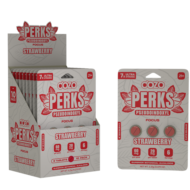 Packaging display of Dozo Perks Strawberry Chewable Focus Tablets with 6 servings