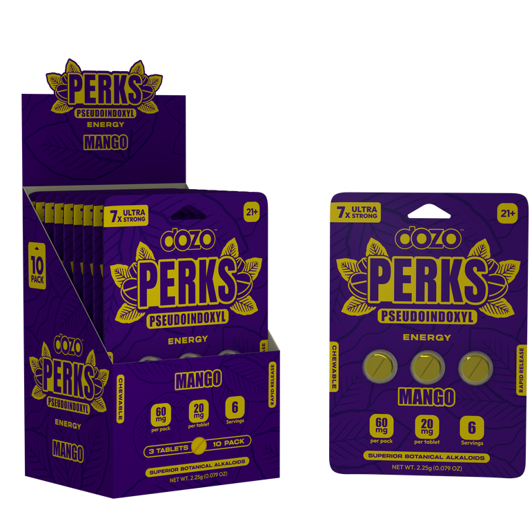 Dozo Perks Mango Energy Chewable Tablets Display with Pseudoindoxyl and Caffeine