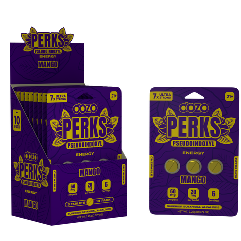 Dozo Perks Mango Energy Chewable Tablets Display with Pseudoindoxyl and Caffeine
