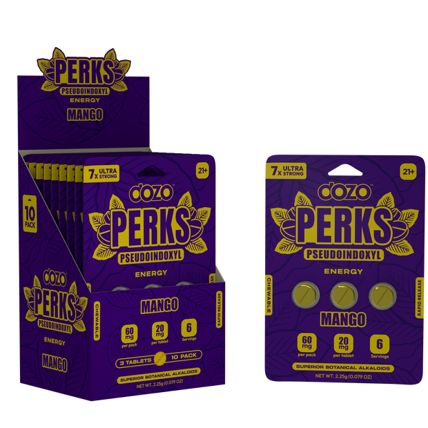 Dozo Perks Mango Energy Chewable Tablets Display with Pseudoindoxyl and Caffeine