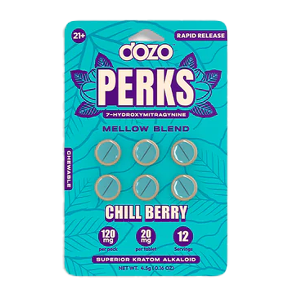 Dozo Perks Chill Berry natural energy supplement on a wooden table