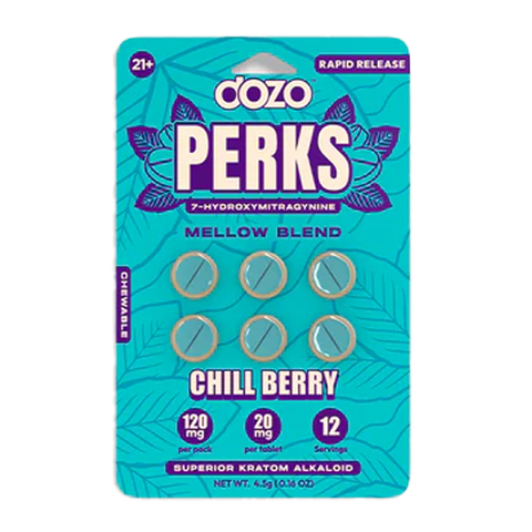 Dozo Perks Chill Berry natural energy supplement on a wooden table