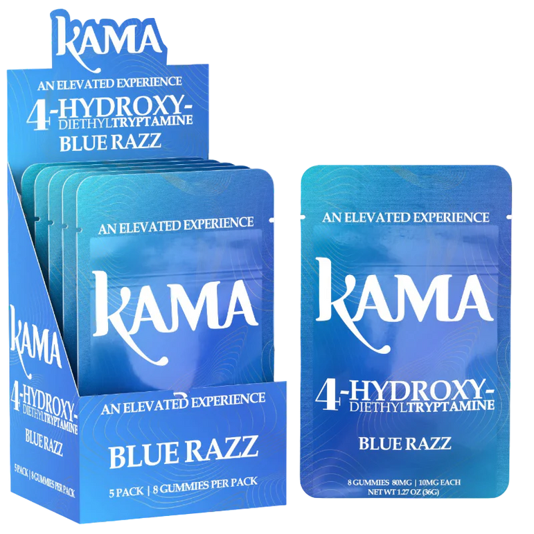 KAMA 4OH Gummies Blue Razz pack with 8 sweet and tangy blue raspberry edibles