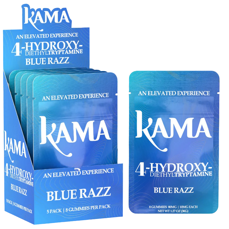 KAMA 4OH Gummies Blue Razz pack with 8 sweet and tangy blue raspberry edibles