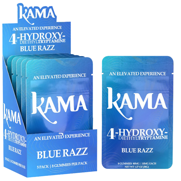 KAMA 4OH Gummies Blue Razz pack with 8 sweet and tangy blue raspberry edibles