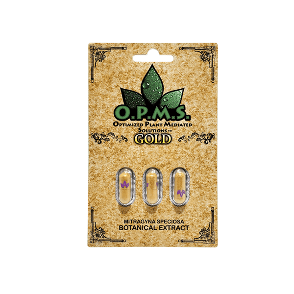 OPMS Gold 3-Pack Kratom Capsules in blister packaging showing premium kratom extract