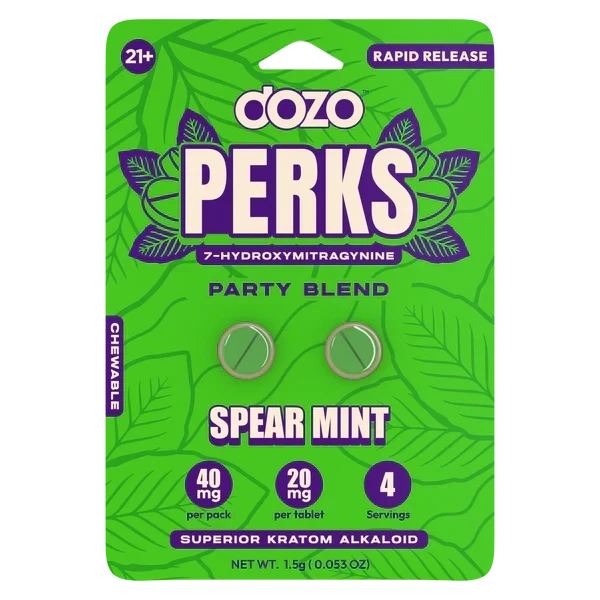 Perks Dozo Spear Mint 2-Pack energizing kratom chewables offer a swift energy boost with a refreshing mint flavor.