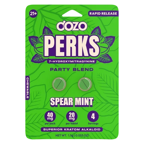 Perks Dozo Spear Mint 2-Pack energizing kratom chewables offer a swift energy boost with a refreshing mint flavor.